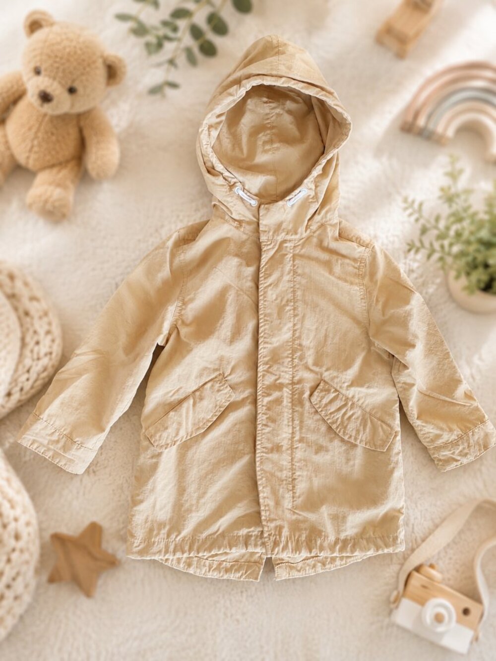 Zara Kids Packable Hooded Parka Jacket Beige Size 2-3Y